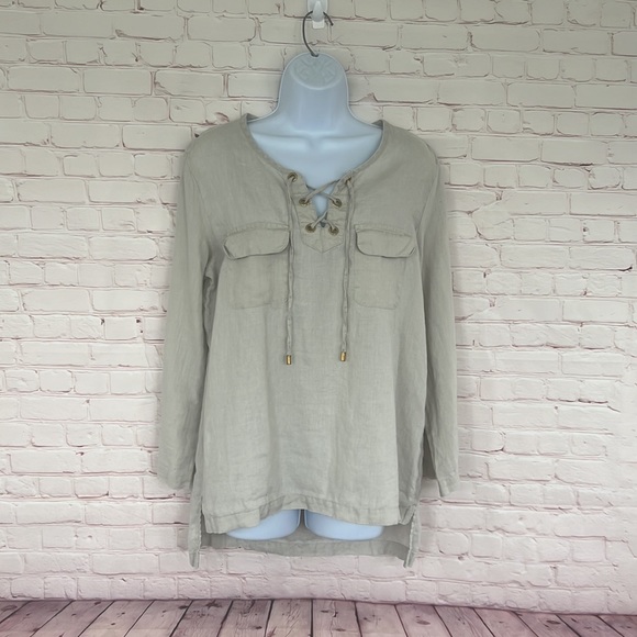 Ellen Tracy company linen tan long tab sleeve top size medium - Picture 2 of 12